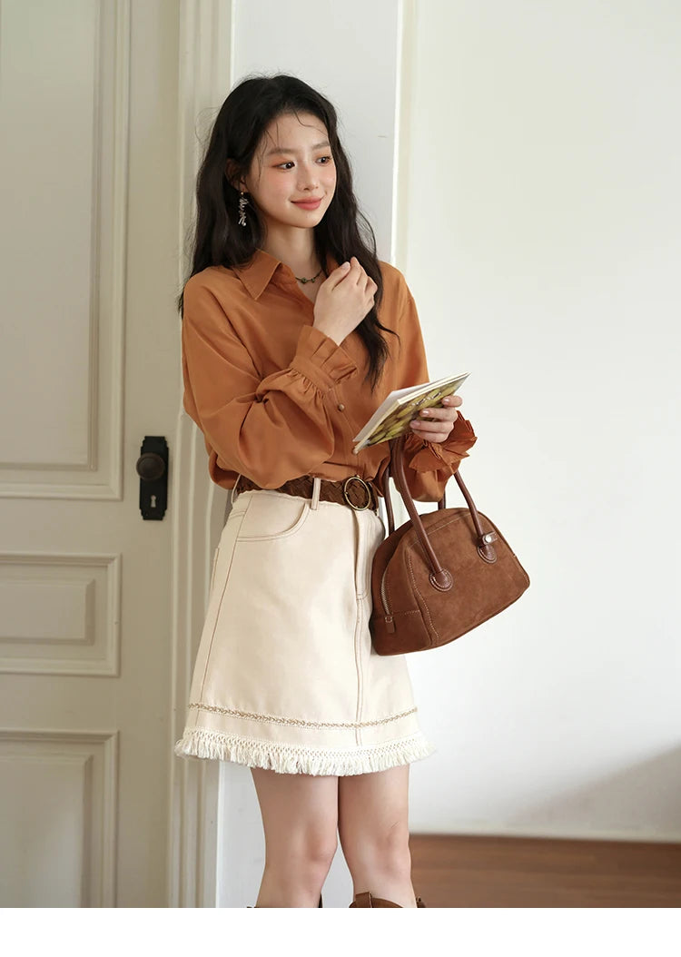 MISHOW Women's Shirts 2025 Autumn Color Blocking Buttons Pleated Cuffs Loose Top Female Solid Lapel Commuting Shirts MXE41C2352