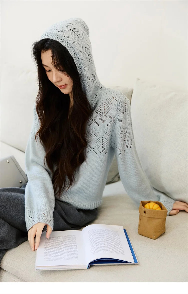 MISHOW Yellow Hollow Out Cardigan Women 2025 Autumn Winter New Hooded Zipper Sweater Loose Casual Bottoming Tops MXE46Z2584