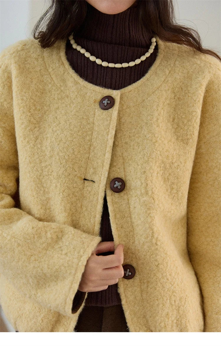 MISHOW Women's Brown Jacket 2025 Winter Retro Warm Round Neck Wool Quilted Coat Commute Short Loose Thick Coat Woman MXE87W0935