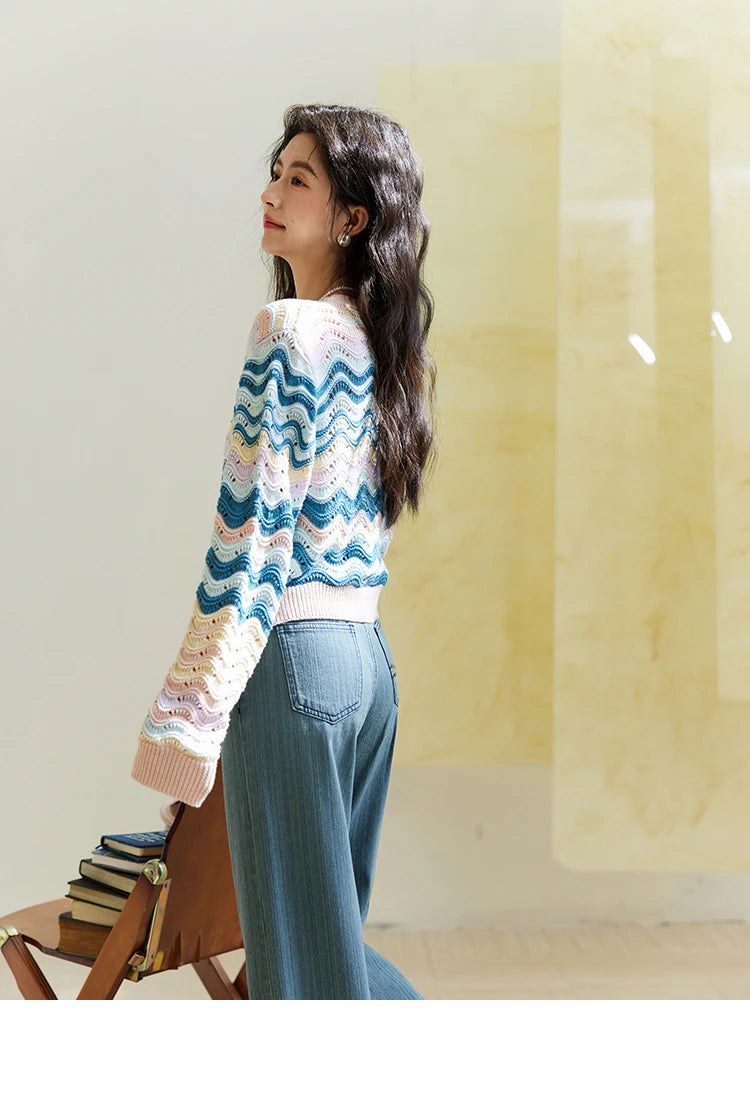 MISHOW Color Stripe Knitted Cardigan Women 2025 Spring V-neck Long Sleeve Loose Cardigans Woman Fashion Office Lady MXE16Z1203