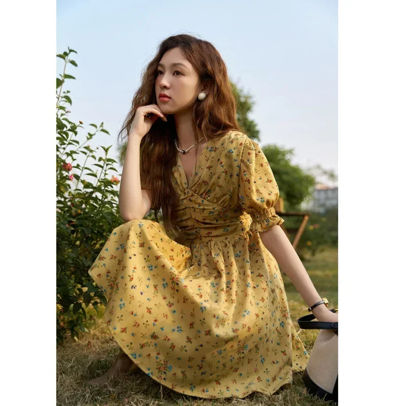 MISHOW Women's Retro Puff Sleeve Flower Dress 2025 Summer Waist Slim A-LINE V-Neck Shirring Female Ankle-Length Dress MXC33L1374