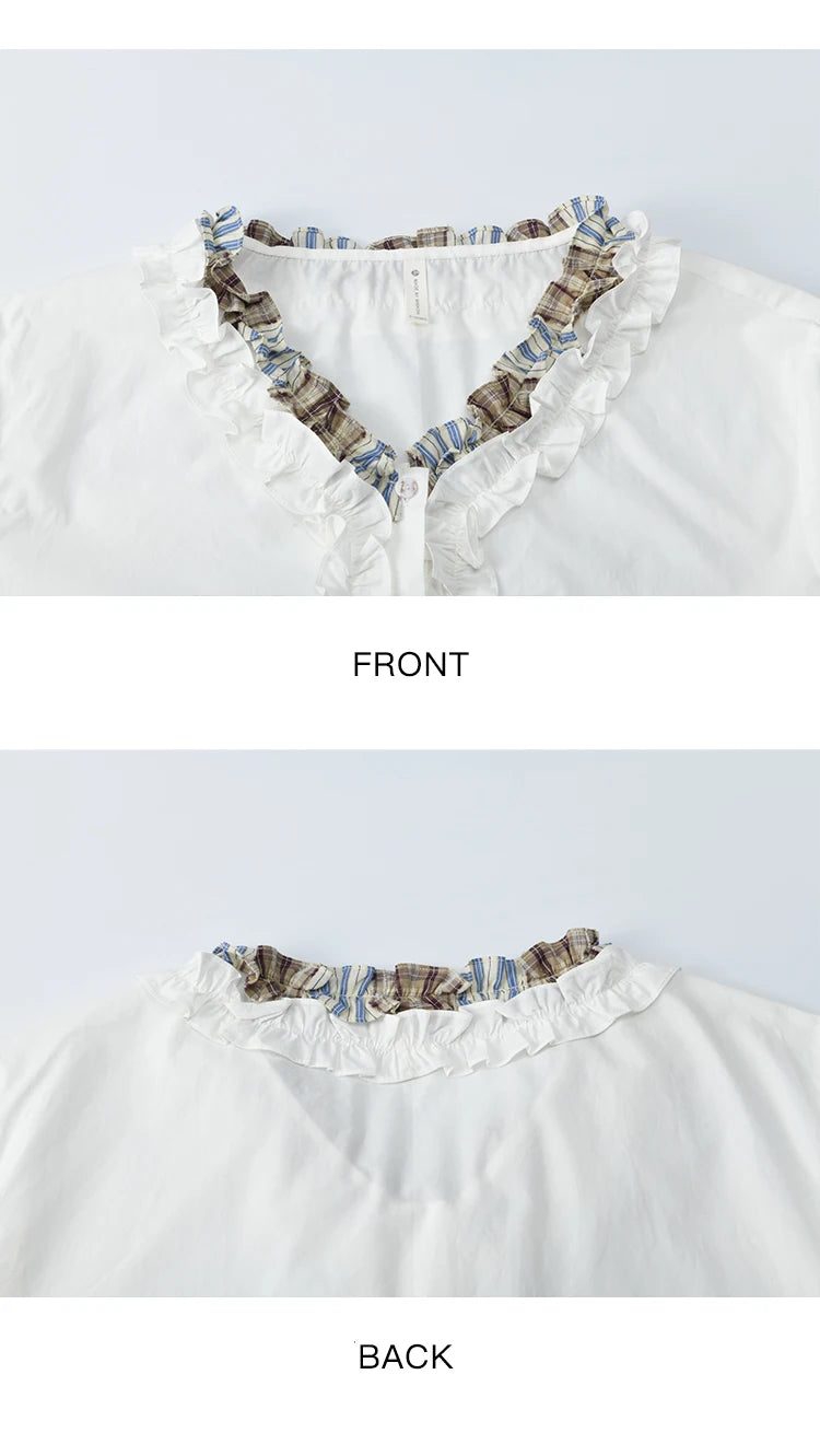 MISHOW Fashion V-neck Shirt for Women Summer 2025 Thin Short Sleeve Patchwork Double Layer Fungus Edge Button Top MXE35X1793