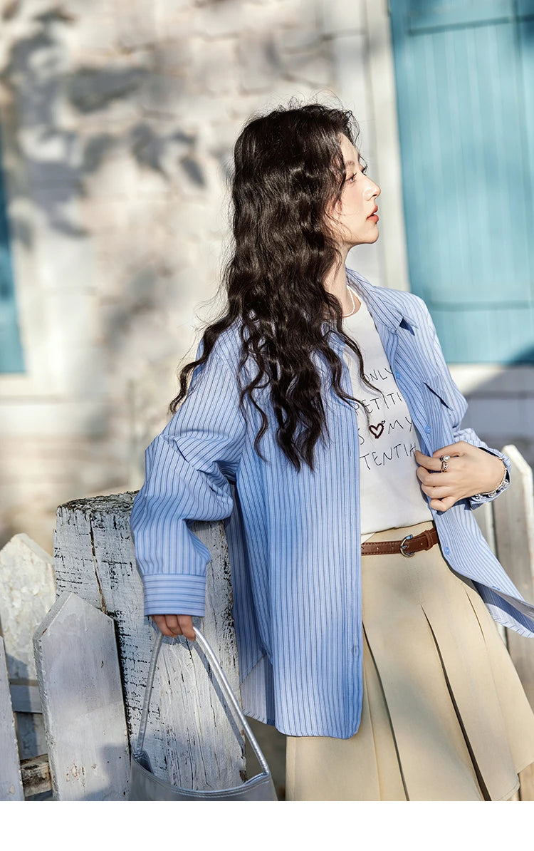 MISHOW Blue Striped Shirt for Women 2025 Spring Versatile Office Lady Tops Pocket Turn-down Collar Long-Sleeve Shirts MXE11C0399