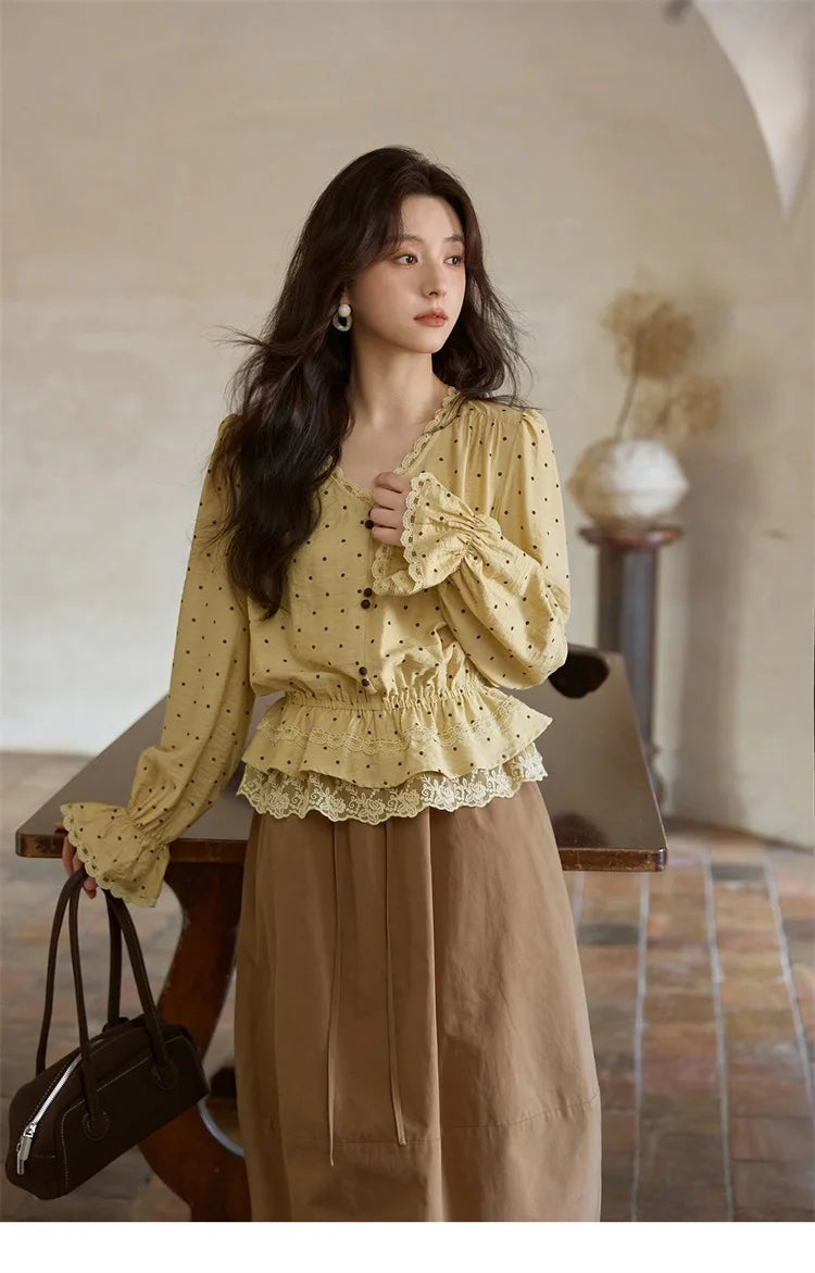 MISHOW Yellow Polka Dot Linen Blouse V-Neck Flare Sleeve MXE42X1975