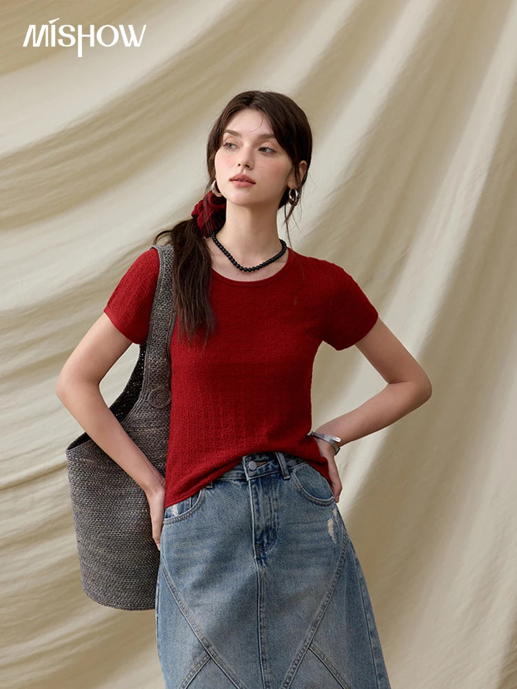 MISHOW Office Lady Women’s T-shirts Summer 2025 Short Sleeve Round Neck Solid Slimming Knitted Shirt Female Fashion MXE34Z1257