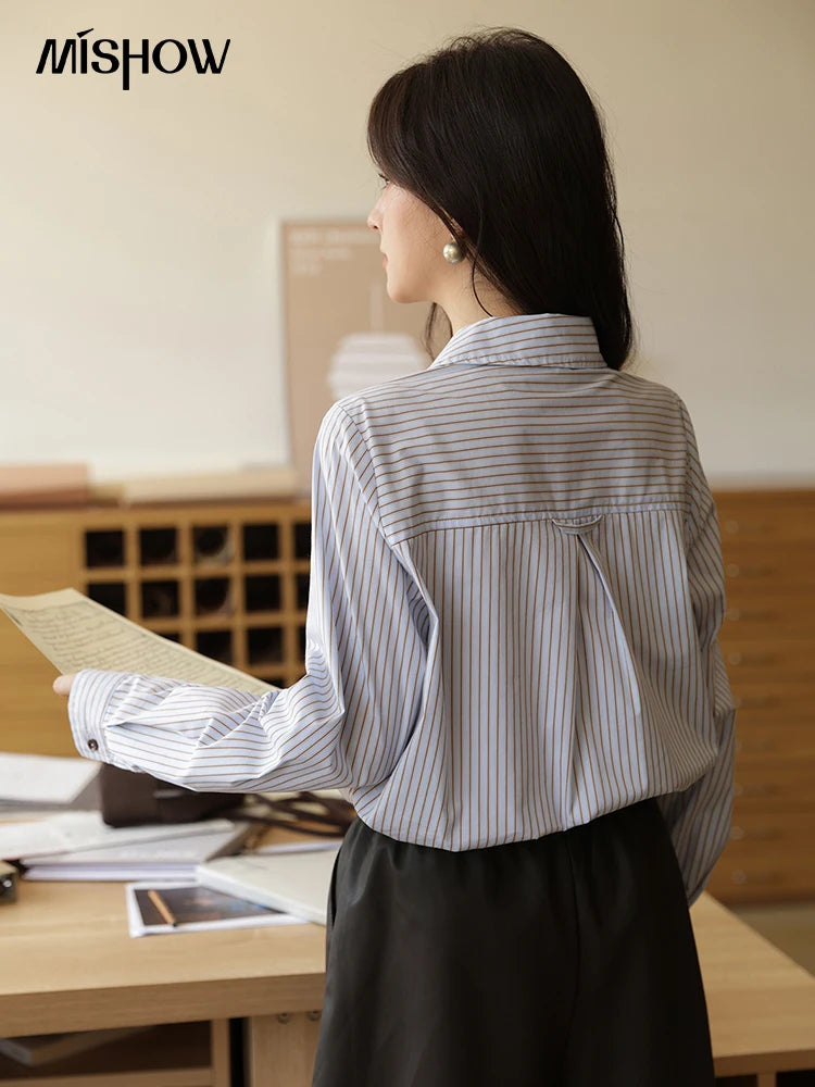 MISHOW Women's Striped Asymmetric Shirt 2025 Autumn New Arrival Vintage Loose Long Sleeve Tops Commuter Woman Clothes MXE42C2375