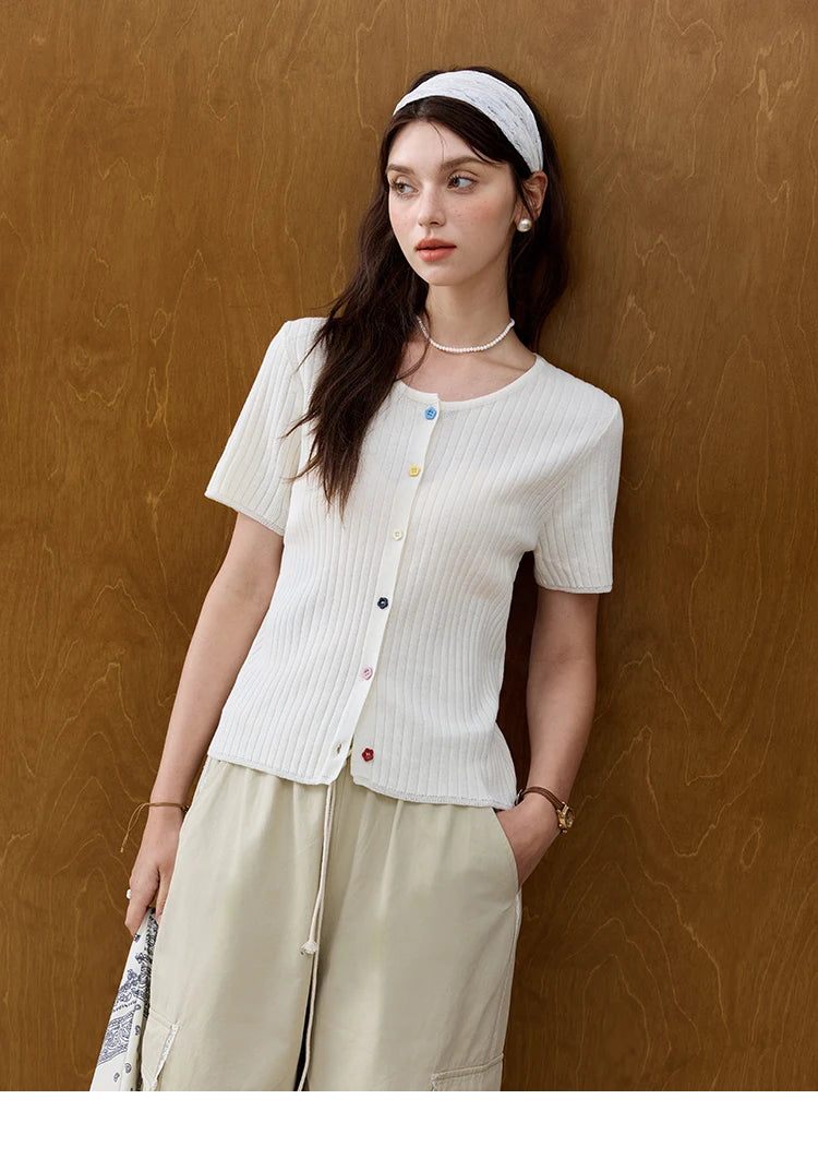 MISHOW Casual Summer Cardigan Women 2025 Short Sleeve Round Neck Solid Thin Knitted Pullovers Female Slimming Tops MXE34Z1268