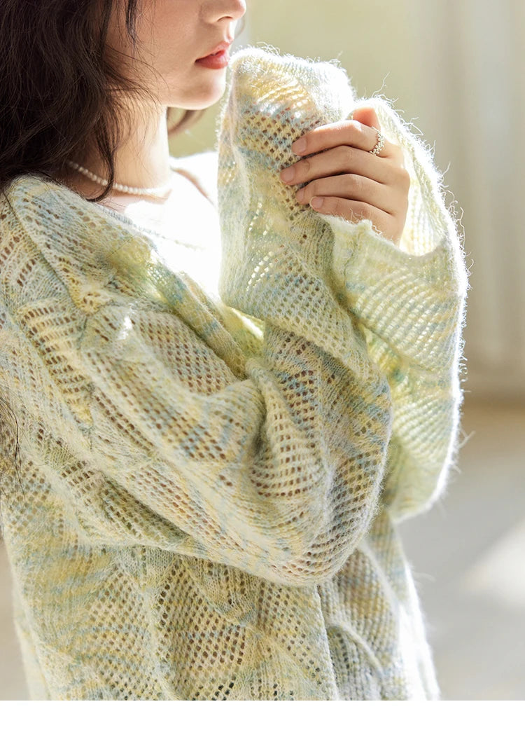 MISHOW Women's Hollow Knitted Sweater 2025 Spring Loose Thin Dropped Shoulder Top Wool O Neck Hem Wavy Edge Sweaters MXE14Z1208