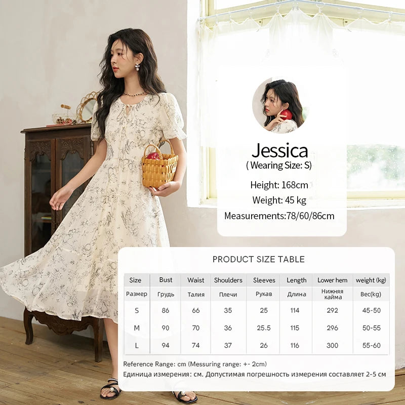 MISHOW Women's Print Chiffon Dresses 2025 Summer New Floral Short Sleeve Mid-length A-line Lace-up French Lady Dress MXD27L1841