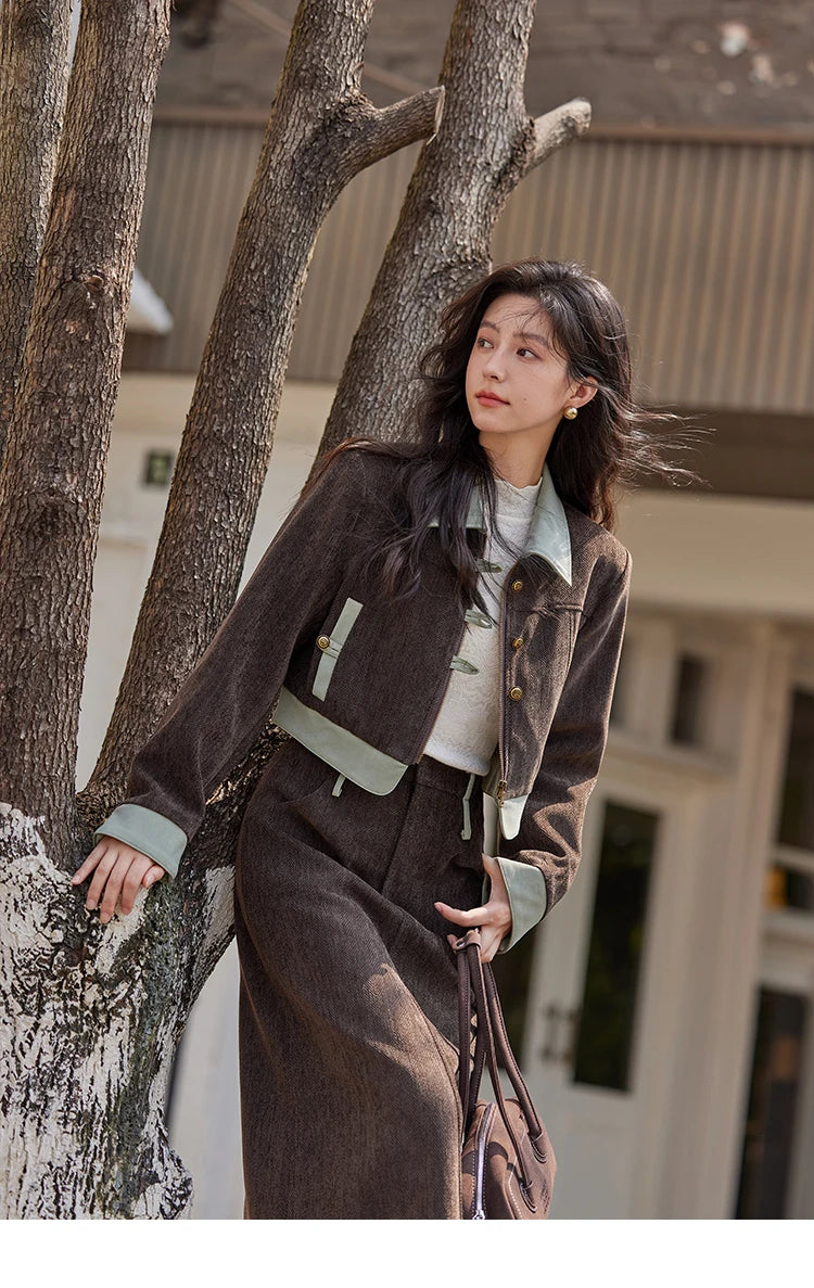 MISHOW Fragrant Jacket Rear Hem Slit Skirt Separately 2024 Winter Lapel Jackets Splicing Contrasting Leather Skirts MXD43W0444