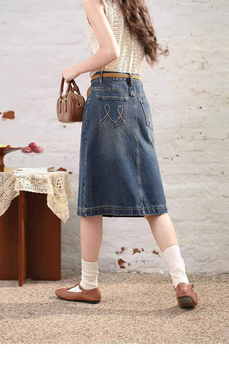 MISHOW Denim Fishtail Skirt 2024 Summer Retro Casual Love Embroidered Pockets Skirt A-line Umbrella Knee-Length Skirt MXD28B0414