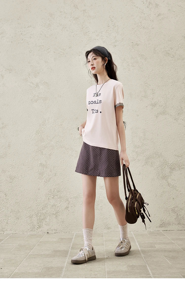 MISHOW Casual Pink Letter T-shrit Women Summer 2025 New Short Sleeve Round Neck Shirts Woman Fashion Lace Tops Lady MXE32T0529