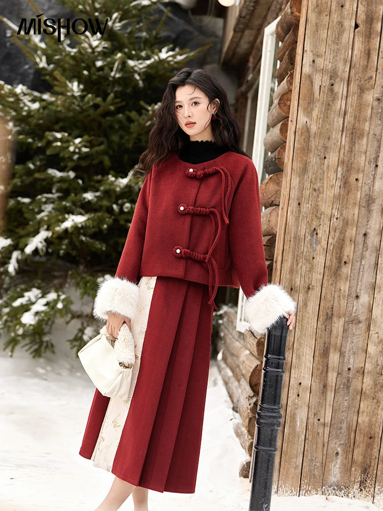 MISHOW Tweed Jacket Midi Skirts Separately Removable Fur Collar Frog Short Coat Cotton Clip A-LINE Pleated Skirt MXD59W0609