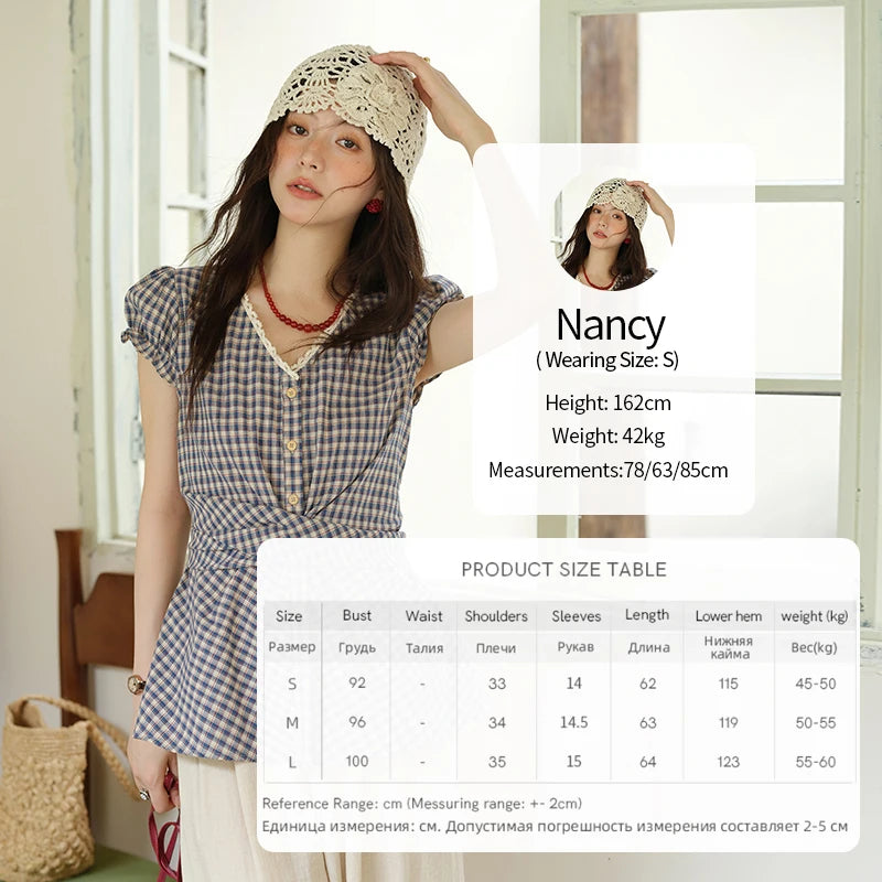 MISHOW Women's Garment Sleeves Plaid Shirt 2025 Summer New Fashion Lace V-neck Shirt Button Belt Top Female Clothing MXE36X1814