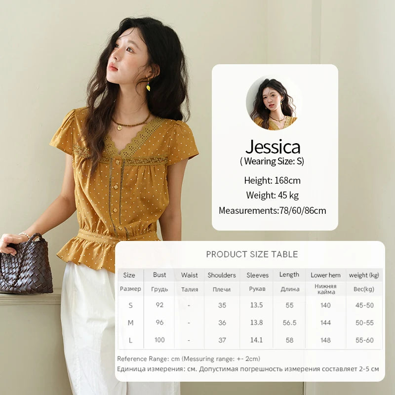 MISHOW Women's V-neck Lace Splicing Blouse 2025 Summer New Ladies Fashion Polka Dot Hollow Ruffle Button Female Top MXE38X1847