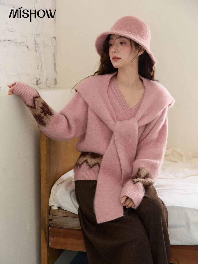 MISHOW Jacquard Pullovers for Women 2025 Winter Fashion Retro Geometric Pattern V-Neck Knitted Sweater with Shawl MXE86Z2654