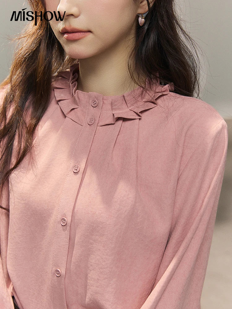 MISHOW Women's Peach Skin Solid Shirt 2026 Spring Ruffled Crew Neck Single-breasted Tops Casual Long Sleeve Shirts MXF11C2431