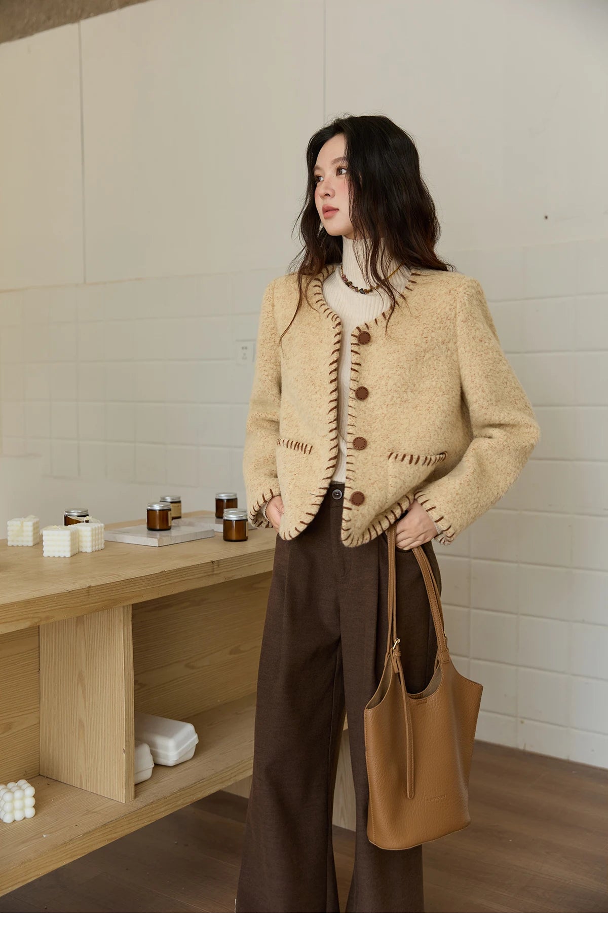 MISHOW Women Winter Jacket 2025 Fashion New Apricot Round Neck Single-breasted Wool Coat Elegant Commuting Short Coat MXE88W0885