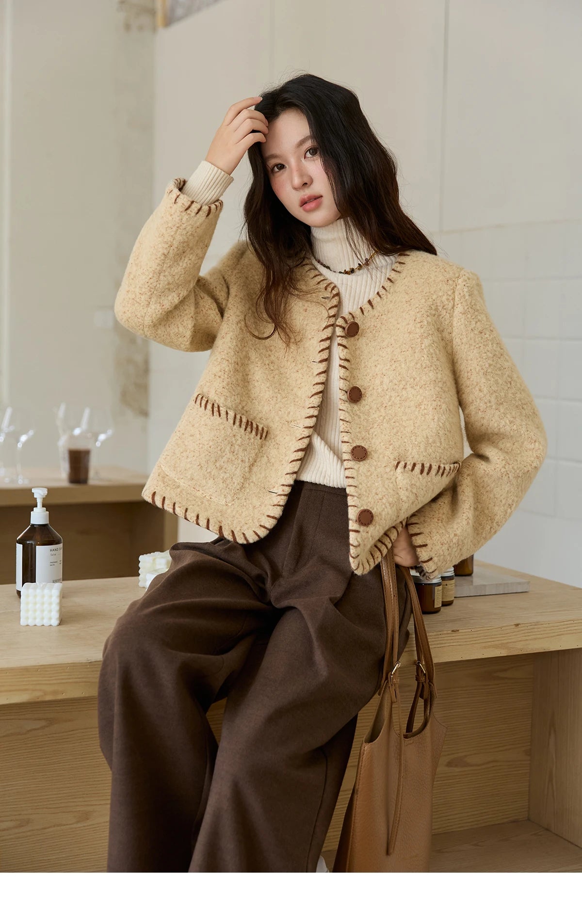 MISHOW Women Winter Jacket 2025 Fashion New Apricot Round Neck Single-breasted Wool Coat Elegant Commuting Short Coat MXE88W0885