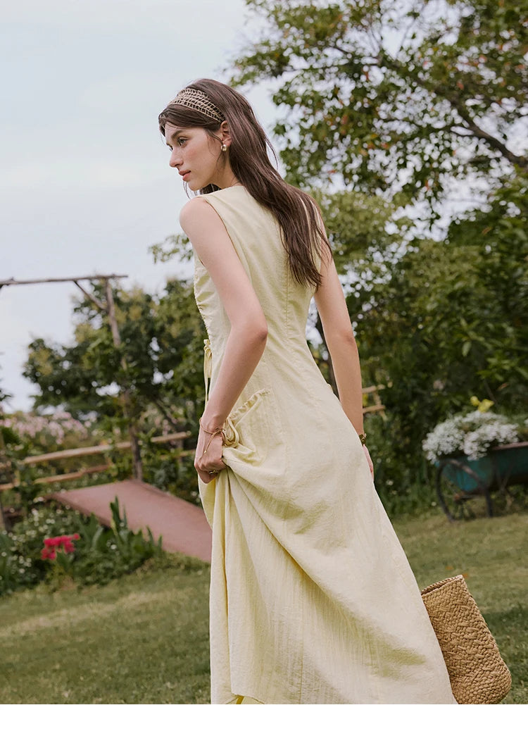 MISHOW Office Lady Summer Dress Women New 2025 Sleeveless Round Neck Drawstring Waist with Pockets Slim Dresses Woman MXE34L2228