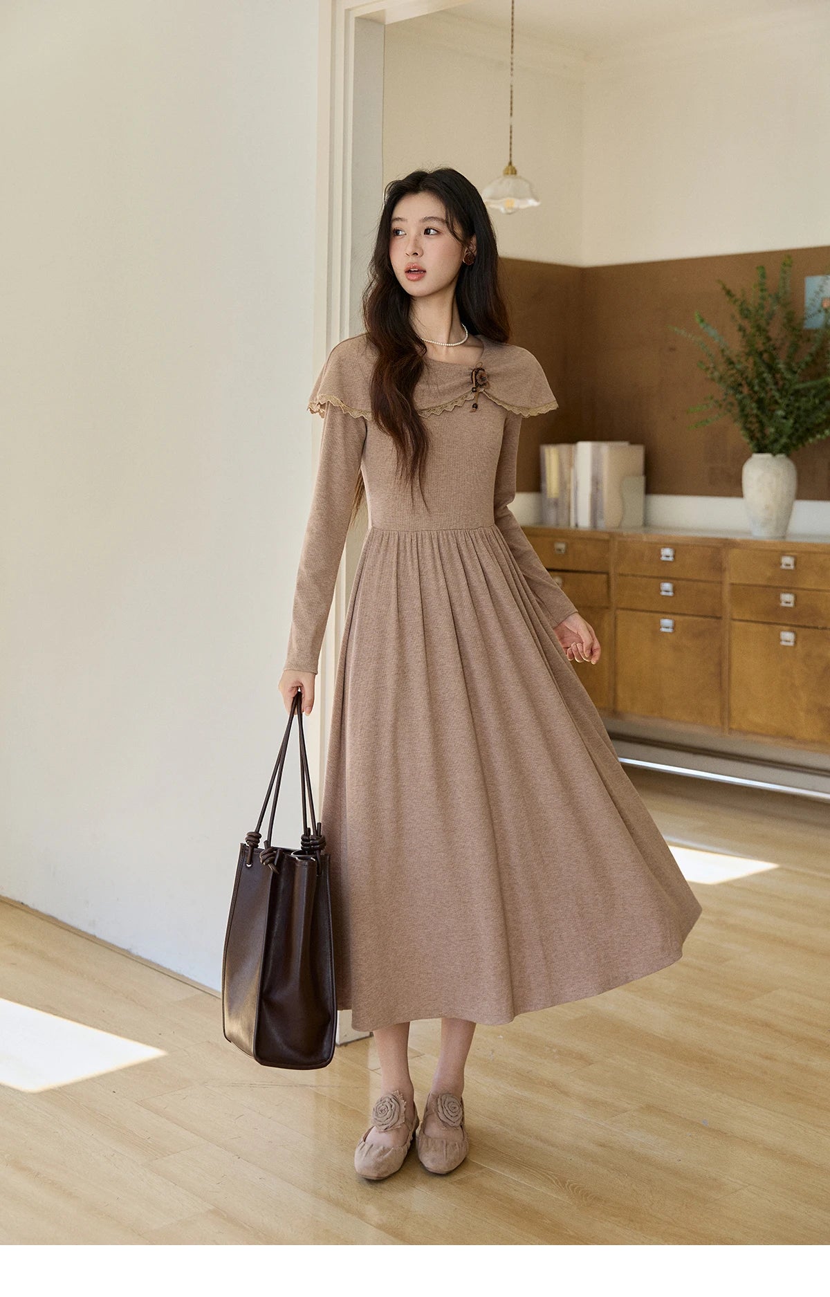 MISHOW Women's Khaki Knitted Dress 2026 Spring Large Collar Decor Long Sleeve Dresses Pleated Casual Elegant Dress MXF11L2553