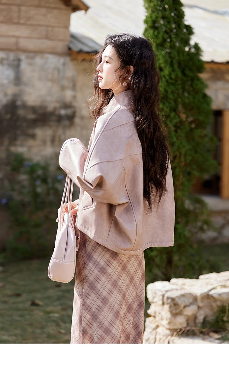 MISHOW Sweet Cool Blended Pink Purple Leather Coat Spring 2025 Stand Collar Motorcycle Style Jackets PU Leather Coats MXE13W0707