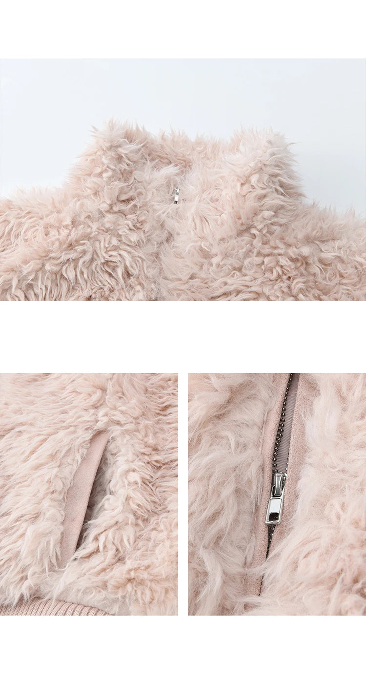 MISHOW Women's Pink Stand Collar Faux Lamb Wool Coat Winter Flower Brooch Warm Outerwear with Pockets Metal Zipper MXE91W0974