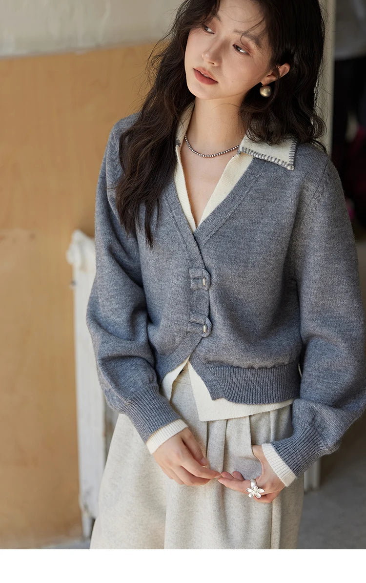 MISHOW Fake Two-piece Sweater Women Fashion Splicing Lapel Knitwear 2024 fall winter New Design Retro V-neck Cardigan MXD41Z0712