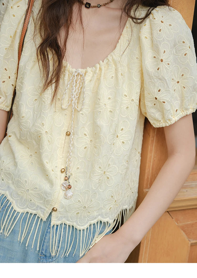 MISHOW Women's Fashion Hollow Out Blouse Summer 2025 Embroidery Puff Sleeve Square Collar Tassel Ladies Casual Top MXE37X1851