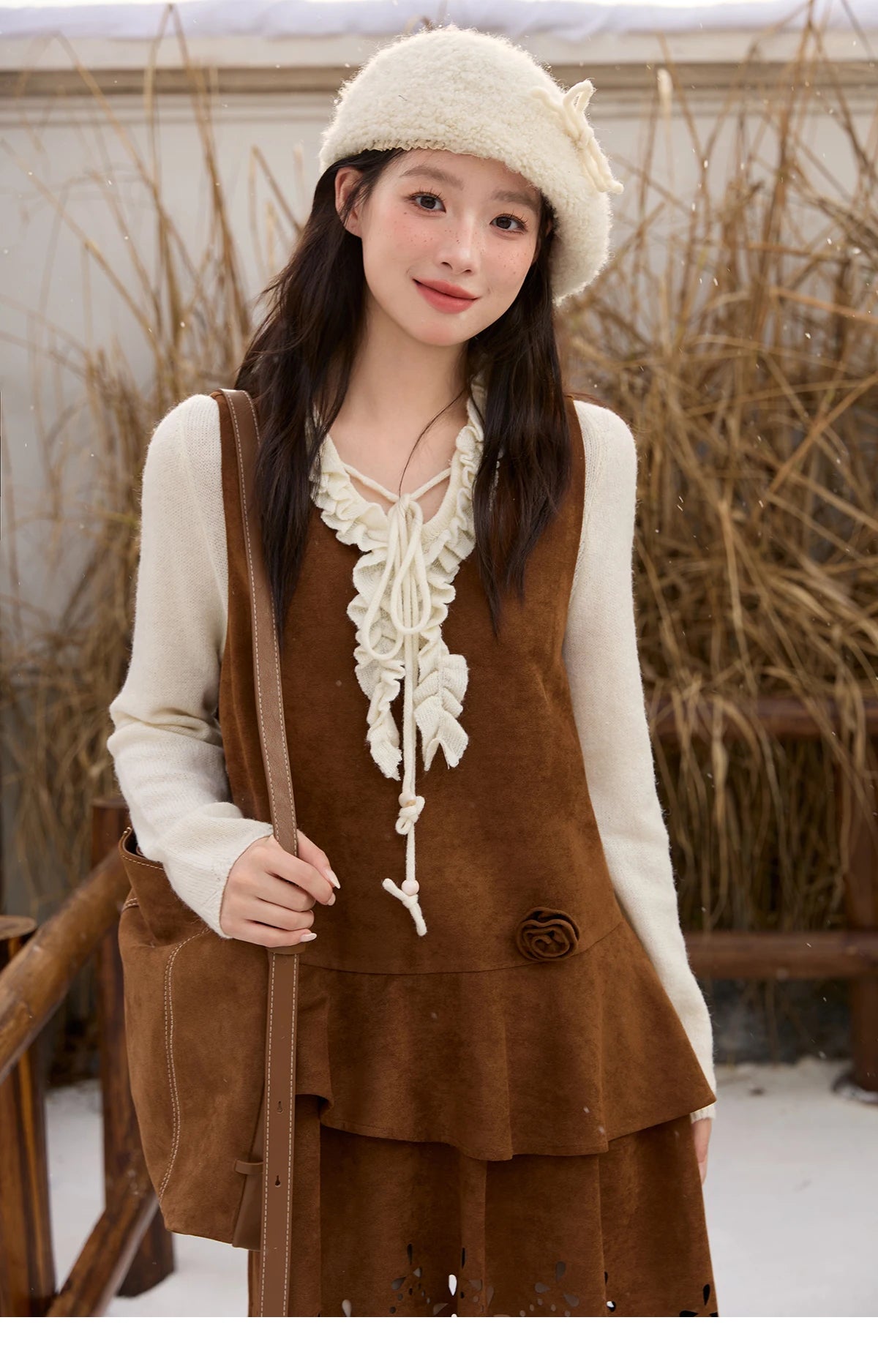 MISHOW Women's Elegant Brown Retro Suede Vest Dress 2025 Autumn Winter Hollow Out V-Neck Tank Dress Sleeveless Dress  MXE51L2524