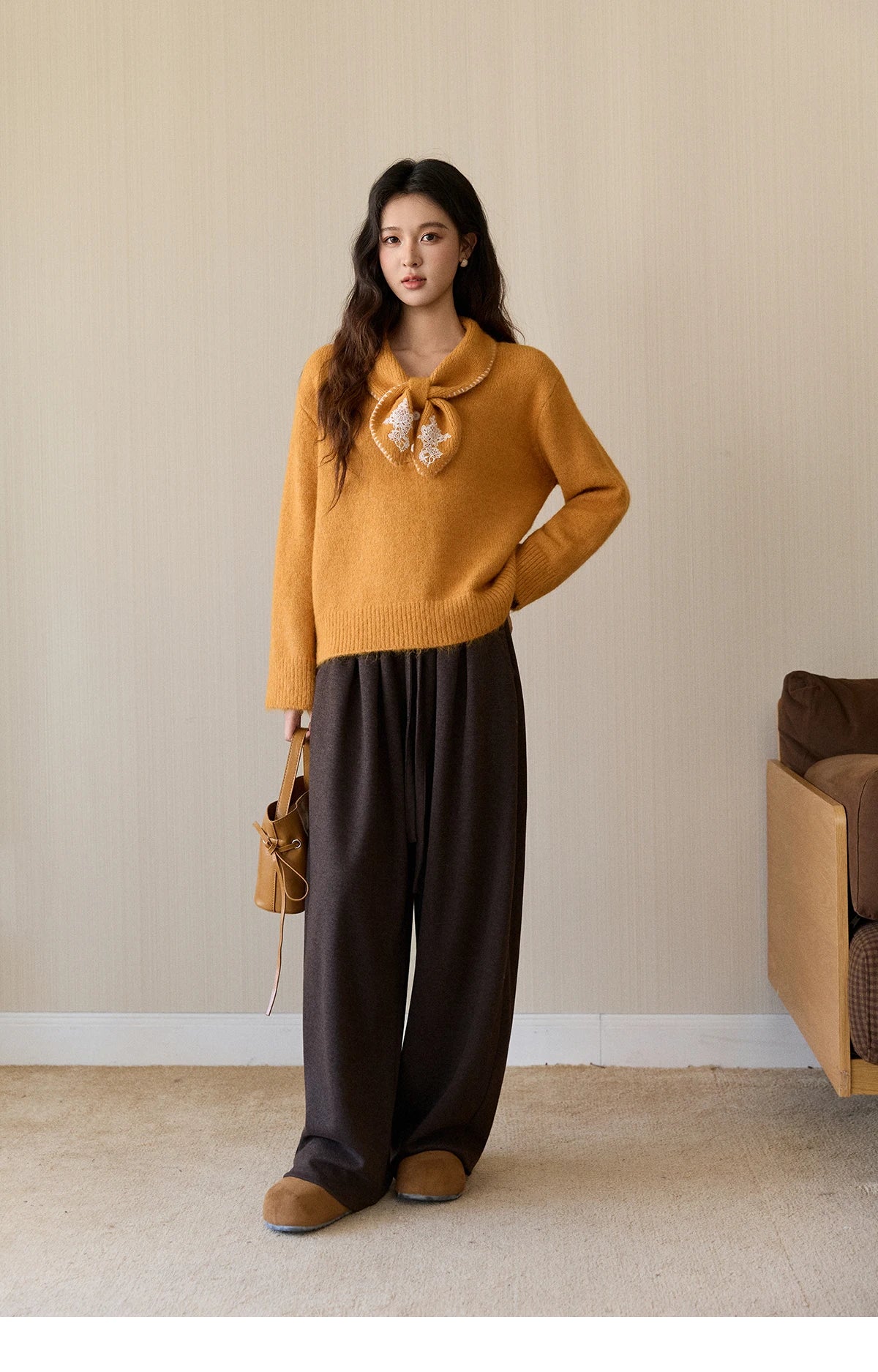 MISHOW Women's Yellow Knitted Sweater 2025 Autumn Winter Bow Collar Splicing Lace Tops Loose Warm Pullover Sweaters MXE94Z2971