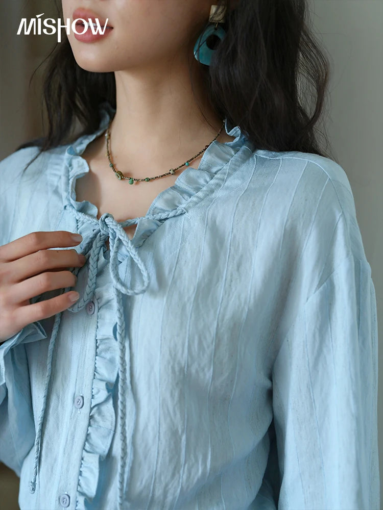 MISHOW Women's Light Blue Striped Linen Suit 2025 Autumn Fungus Edge V-neck Lace-up Shirt Elastic Waist Skirt Two pcs MXE41T0700