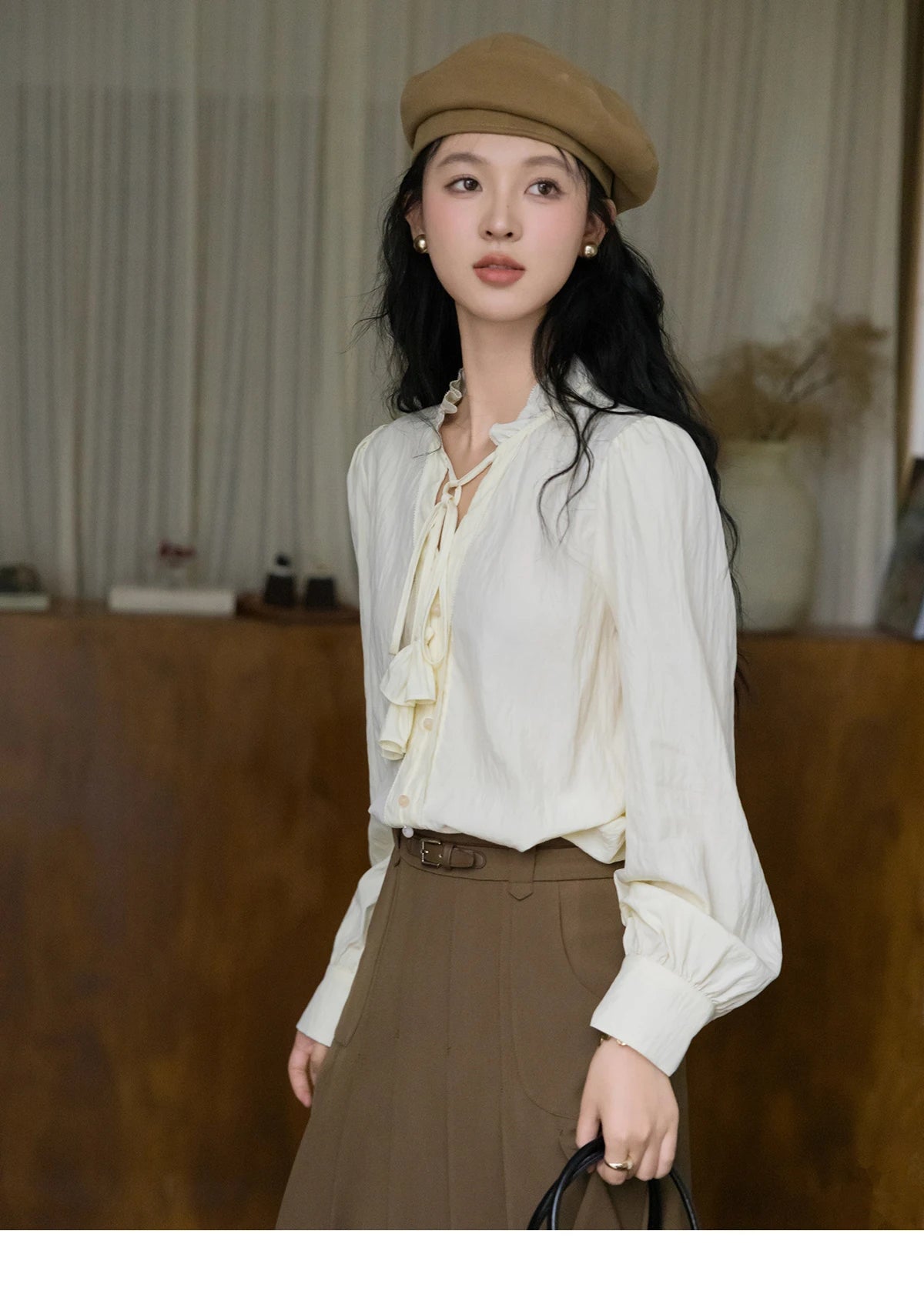 MISHOW Flower Bud Tie Lyocell Shirt for Women Autumn 2024 Temperament Solid Long Sleeve Pullover Tops Office Lady MXD42X1640