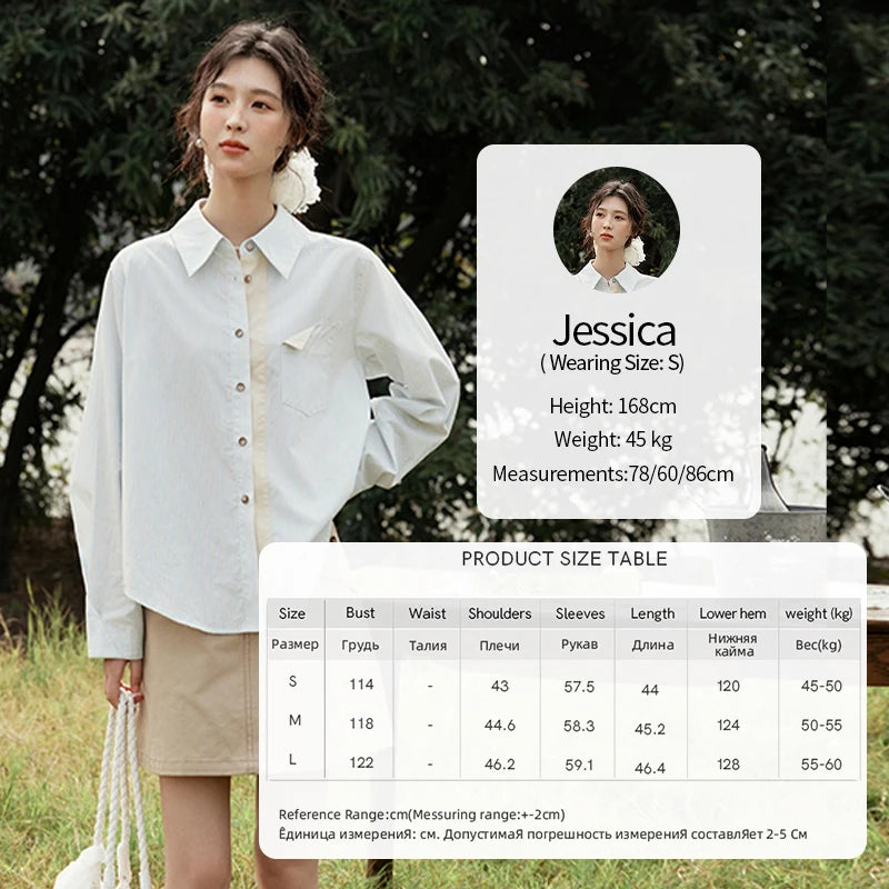 MISHOW Light Blue Striped Shirt for Women Spring 2025 Contrast Color Placket Shirt 100 Cotton Polo Neck Commuting Top MXE15C0762