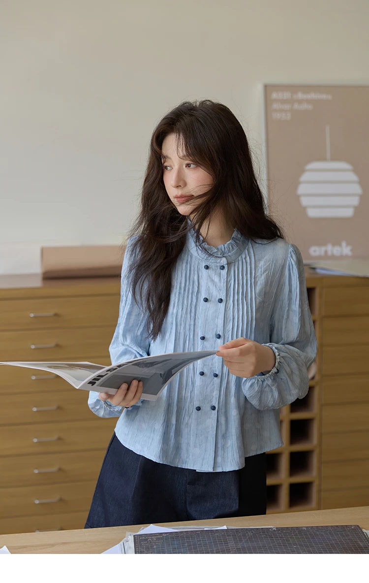 MISHOW Women's Shirt 2025 Autumn Blue Polka Dot Chiffon Loose Shirt Stand Collar Double Row Buckle Lantern Sleeve Top MXE41X1926