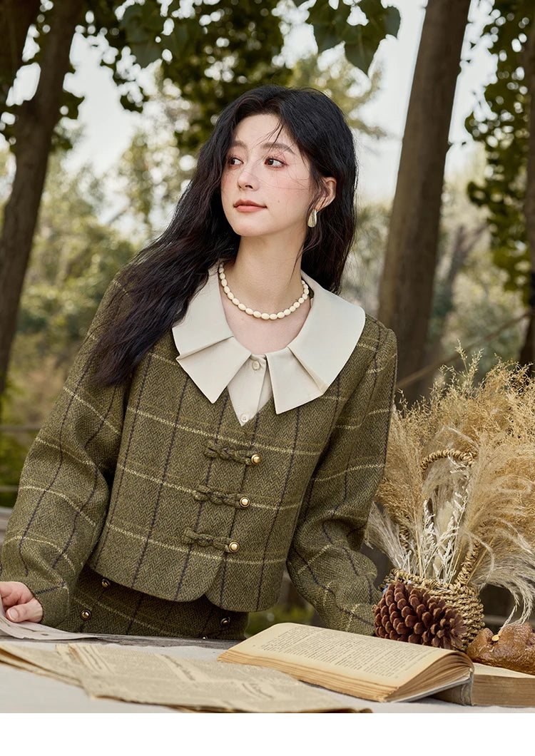 MISHOW Retro Plaid Tweed Jacket Short Skirt Separately Women 2024 Winter Doll Collar Jacket Pleated Mid Length Skirt MXD48W0469