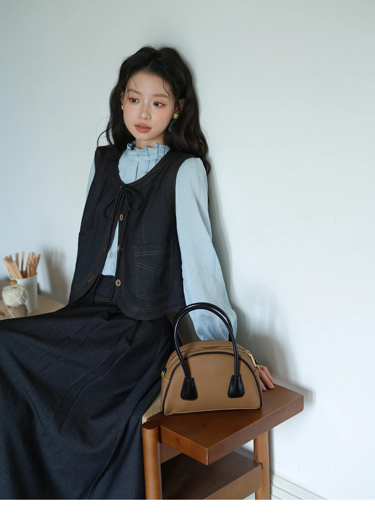 MISHOW High Waist Pleated Umbrella Denim Skirt 2025 Autumn A-LINE Deep Blue Skirts Female One Button Casual Skirts MXE41B2372