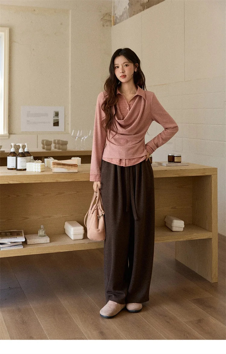 MISHOW Women Knit Top 2025 Winter Faux Two-piece Pullovers Retro Plaid Patchwork Draped Collar Luxury Design Pink Top MXE87Z2747