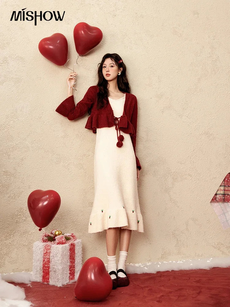 MISHOW Christmas New Year Ruffle Strap Dress Pom-Pom Lace-up Knitted Cardigan Sepertely 2024 Hem Fish Tail Dresses MXD59L2133