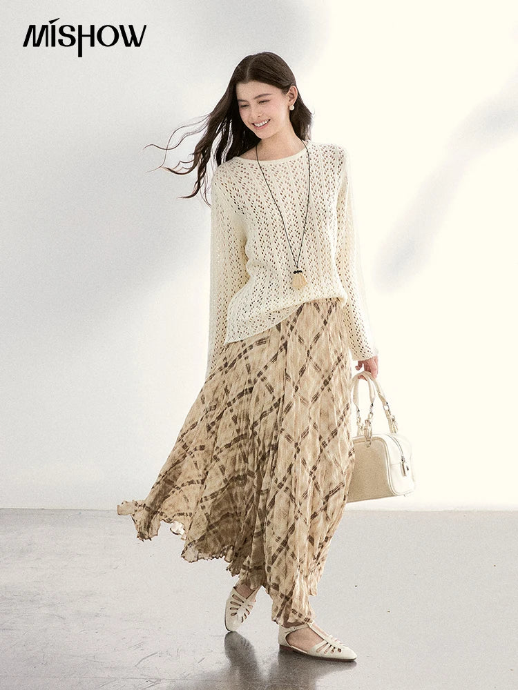 MISHOW Women's Beige Plaid Maxi Skirt 2026 Spring High Waist Flowy A-Line Skirts Elastic Waist Casual Chiffon Skirt MXF108B0769