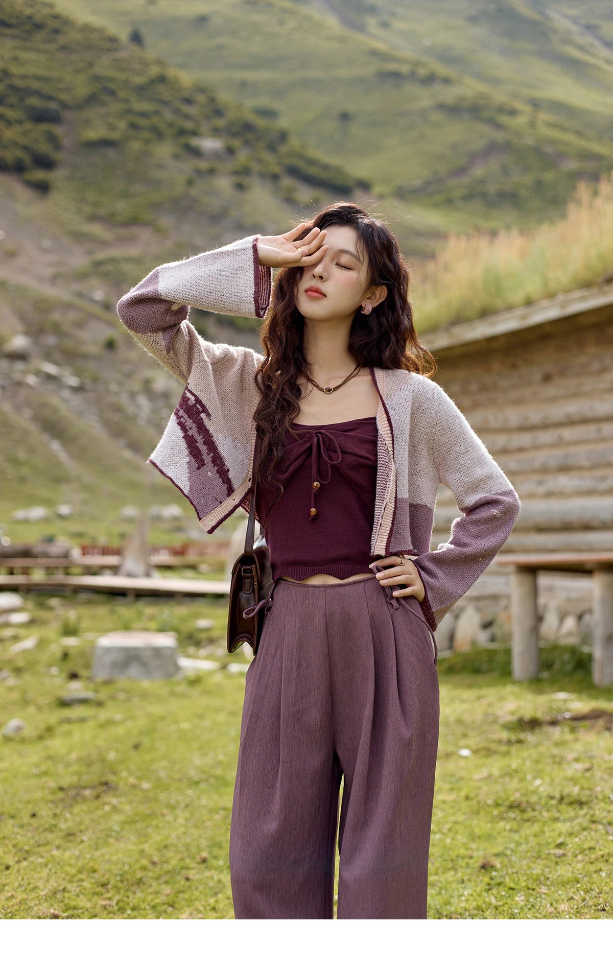 MISHOW Core Spun Purple Suspender Bow Tied Beading Top Solid Sleeveless Wavy Hem Tanks Adjustable Shoulder Strap Tops MXD42D0041