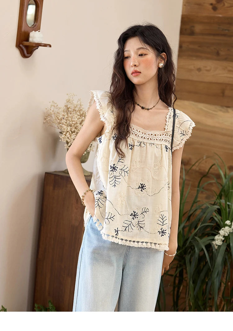 MISHOW Denim Blue Lace Straight Leg Pants for Women Summer 2025 High Waist Trousers 100 Cotton Casual Wide Leg Jeans MXE35K0947