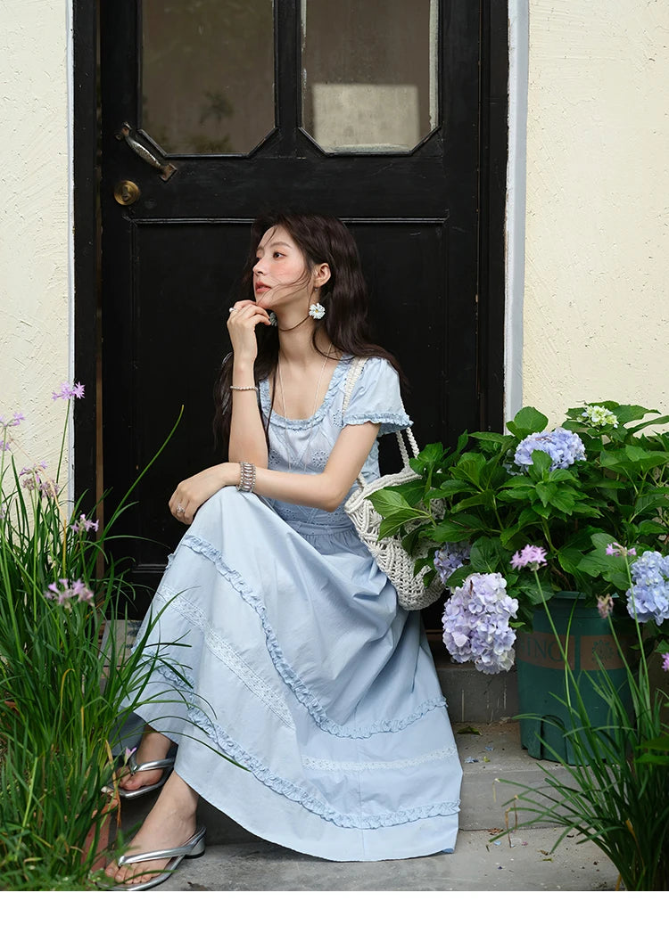 Mishow Blue Lace Mushroom Edge Puff Sleeve Dress MXE38L2348