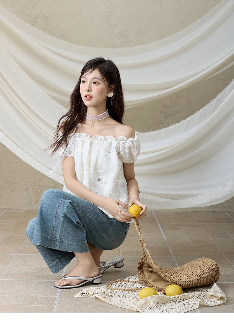 MISHOW French Summer Shirts Women New 2025 Slash Neck Short Sleeve Solid Lace Blouses Female Fashion Slim Tops Lady MXE35X1775