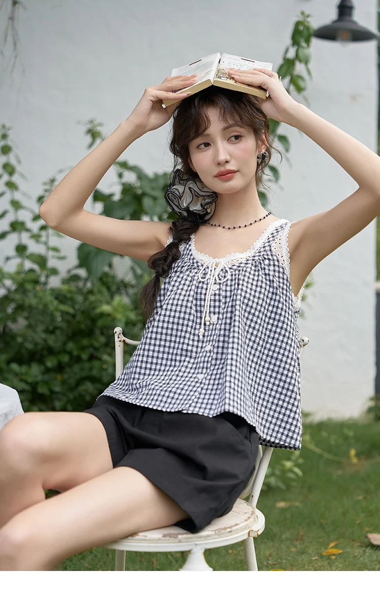 MISHOW French Sweet Lace Plaid Suspender Vest Women 2025 Summer Loose Fit U Neck Lace-up Blouses Sleeveless Doll Top MXD26X1567