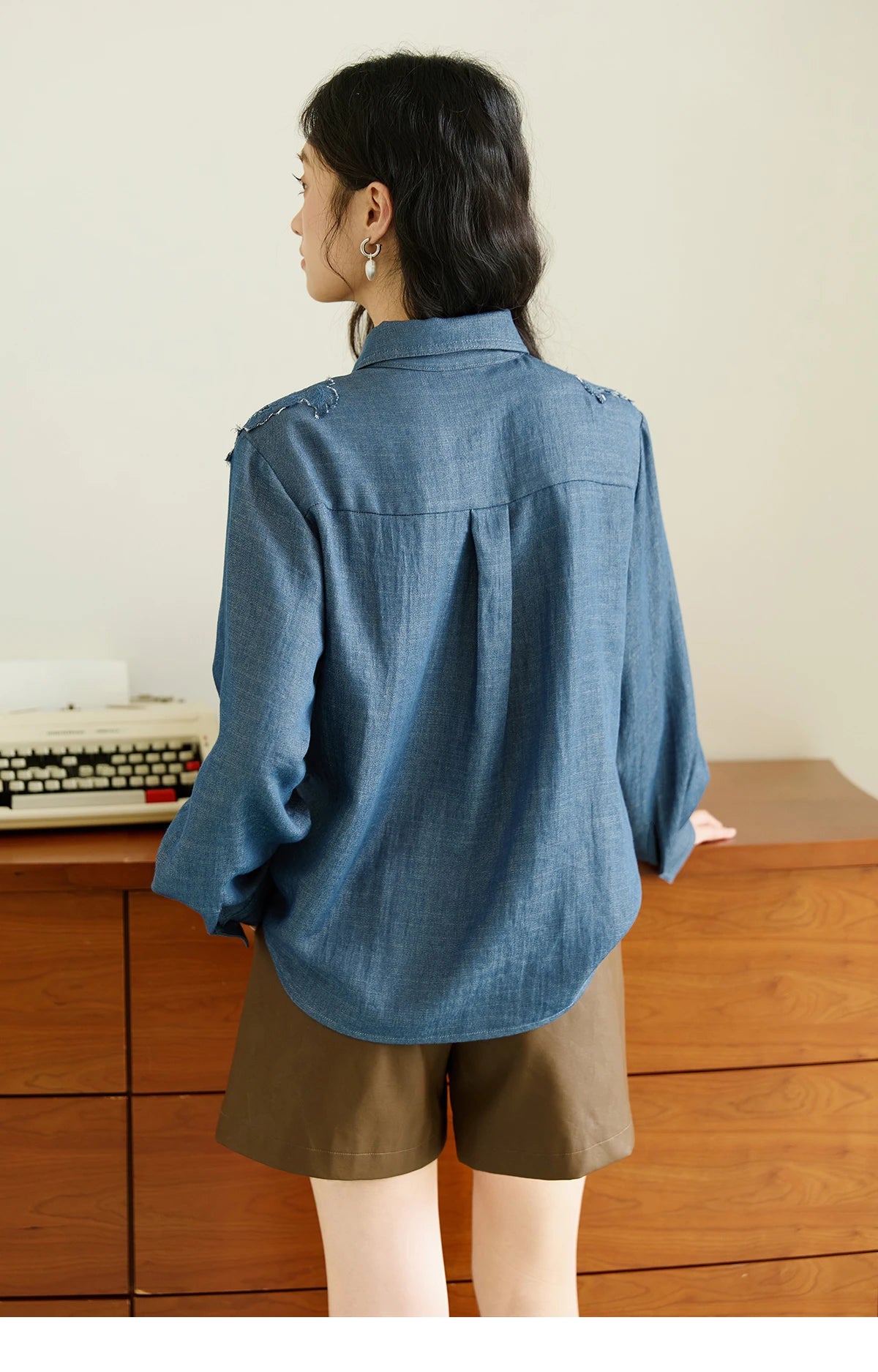 MISHOW Women's Blue Shirt Autumn 2025 Hollowed Out Patchwork Embroidery Tops Imitation Denim Fabric Loose Retro Shirt MXE46C2410