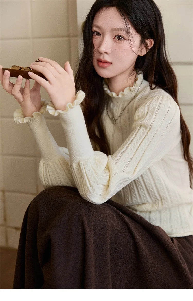 MISHOW Women's Half Turtleneck Ruffle Trim Lantern Sleeve Bottoming Tops 2025 Winter Vertical Rib Slim Knitted Top MXE93Z2810