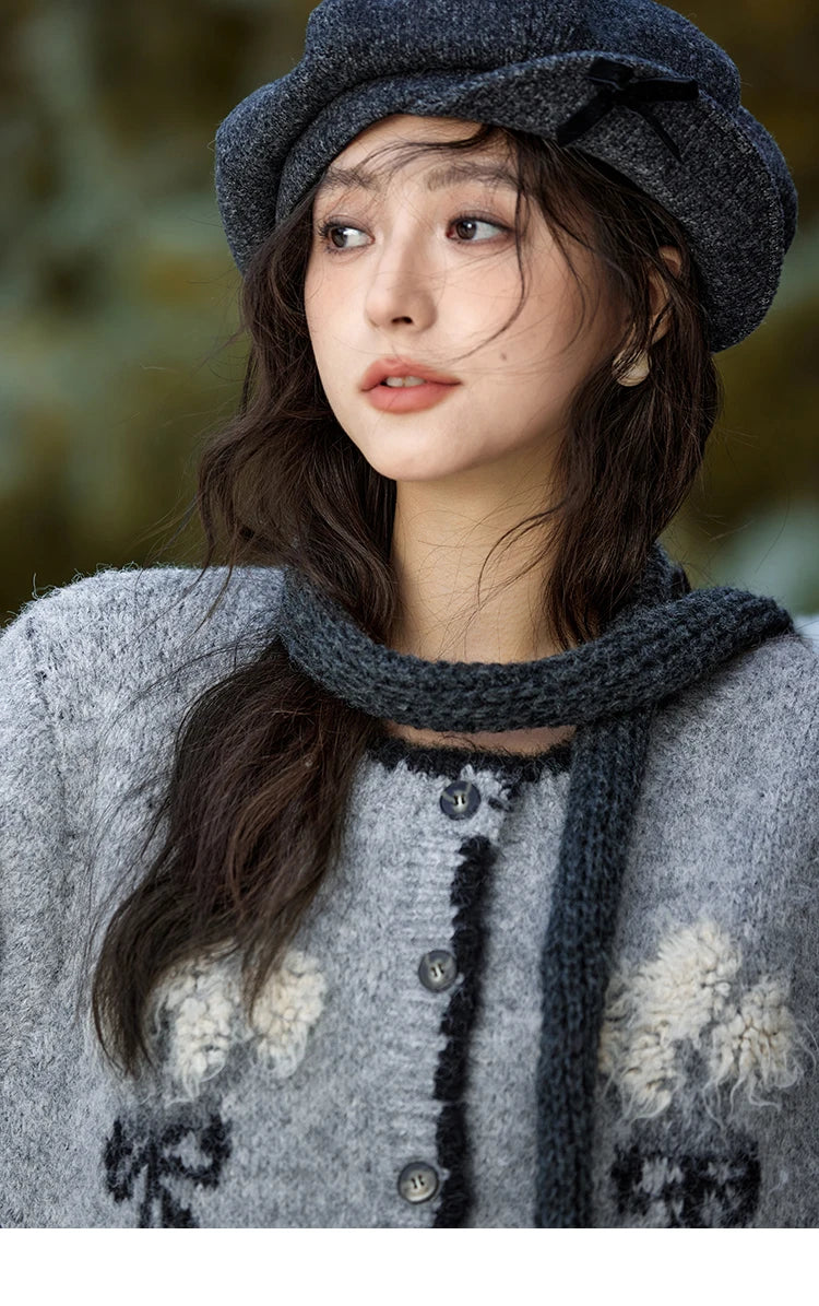 MISHOW Wool Blend Knitted Cardigan Pure Bouquet Embroidery Sweater Women Color Clash Design Soft Warm Regular Fit Top MXD54Z0951