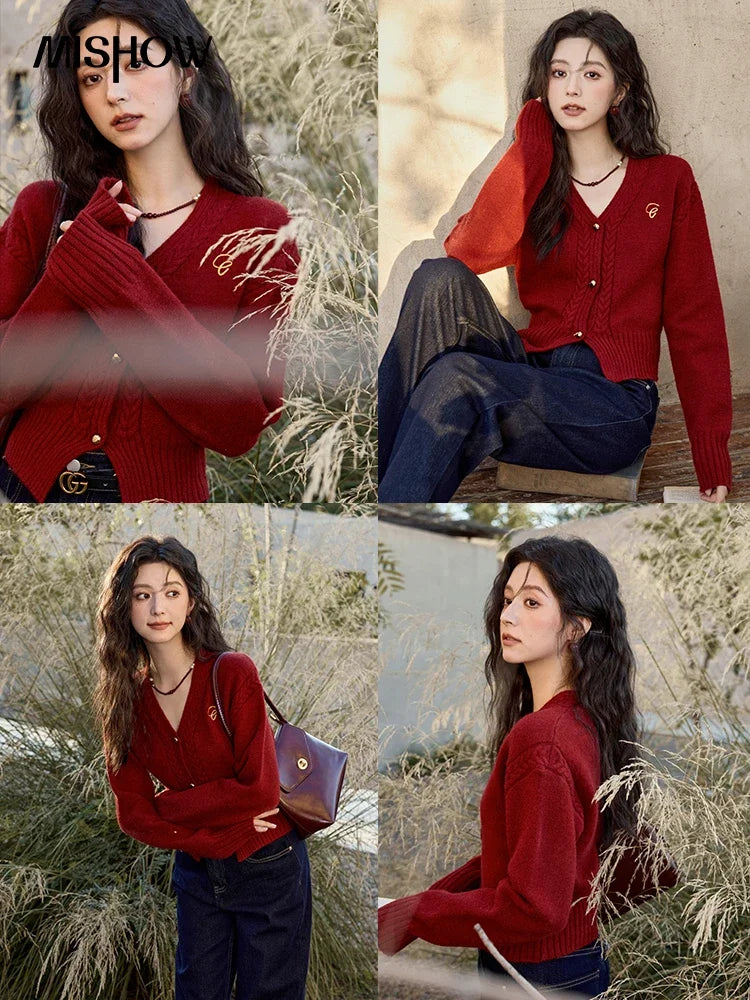 MISHOW Elegant V-neck Sweater Women's Long-sleeved Knitted Jacket 2025 Fall Winter New Korean Vintage Short Cardigan MXD48Z0848