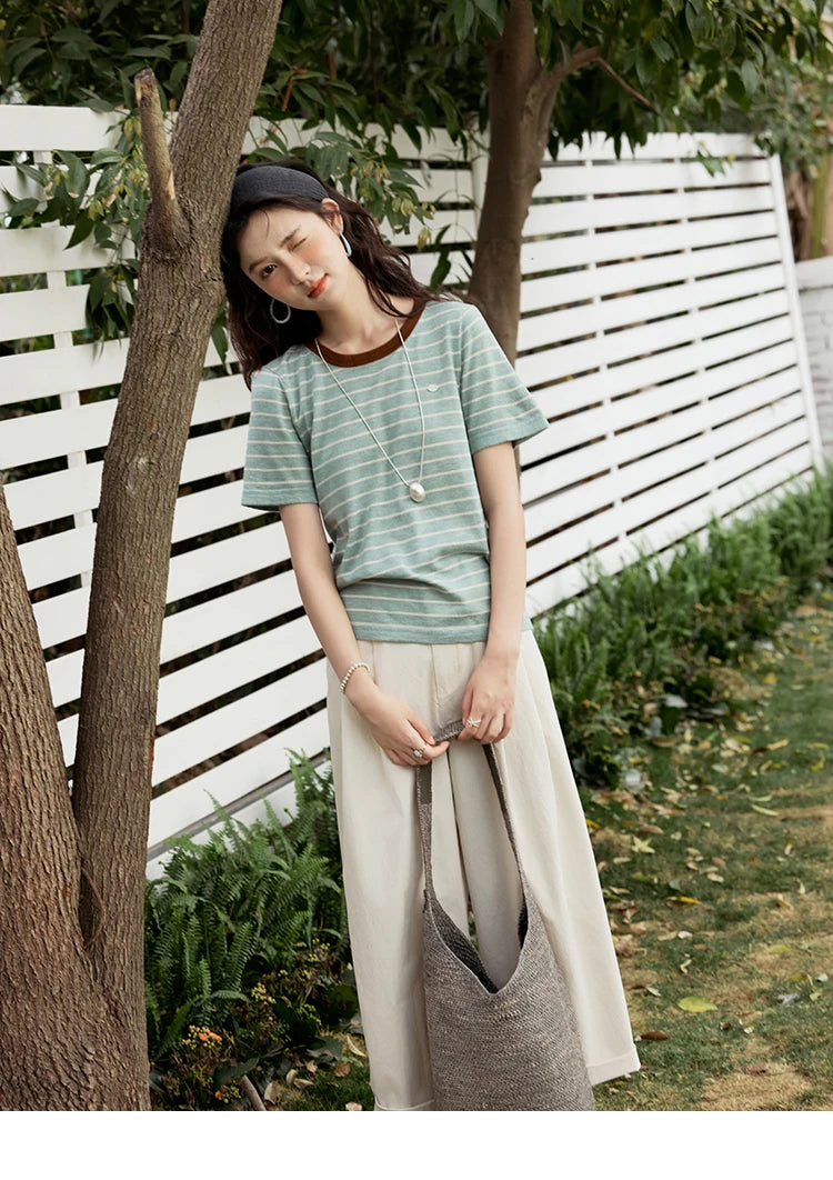 MISHOW Striped Knitted T-shirt for Women Summer 2025 Color Contrasting Round Neck Tees Wool Blended Slim Casual Top MXE35Z1270